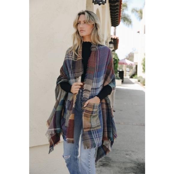 Plaid Pocket Ruana Poncho Blanket Sweater Scarf - Picture 7 of 7